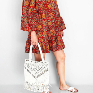 Bolso de Macramé con Cuentas, Tejido en Algodón, con Flecos, Hecho a Mano, Felicidad - Product Image 1