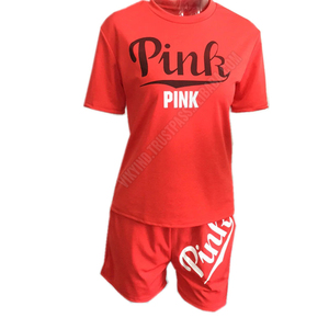 Ensemble deux pièces pour femmes, T-shirt manches courtes et Short, tissu jersey de coton rose imprimé grandes tailles, 2020 - Product Image 6