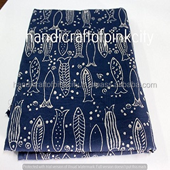 Индийская хлопчатобумажная ткань с принтом рыбы, синяя ткань индиго