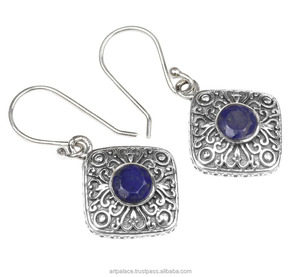 Pendientes de plata 925 hechos a mano con piedras preciosas de lapislázuli, joyería de recuerdo fantástica para mujeres y niñas con perla de diamante - Product Image 2