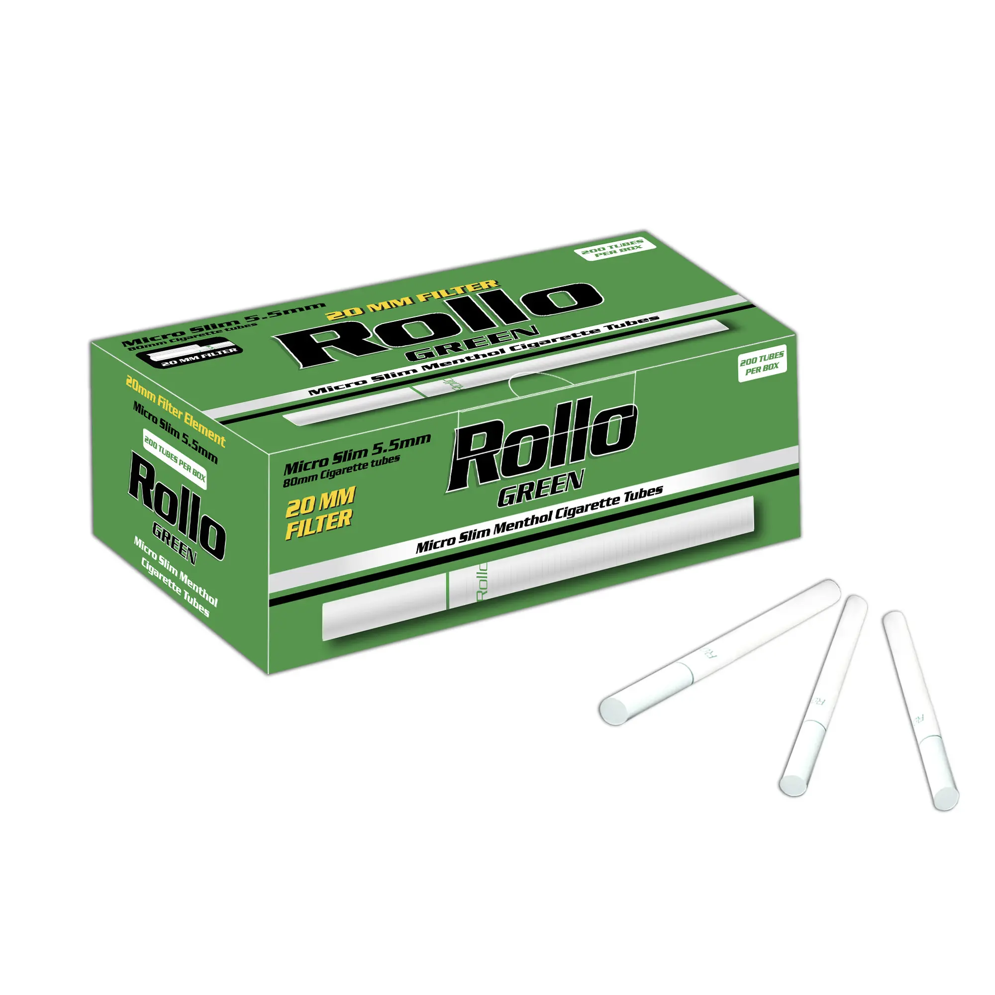 Embouts de filtre à cigarettes Micro Slim de qualité supérieure et de haute qualité Rollo Green (Menthol) 80/20 200 Tubes par boîte