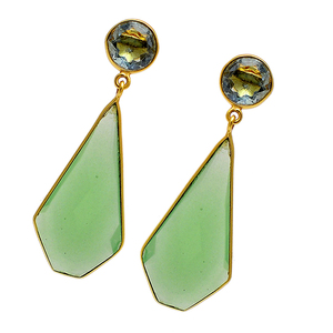 Boucles d'oreilles pendantes en argent sterling 925 plaqué or avec pierre précieuse en topaze bleue et chalcédoine, boucles d'oreilles tendance pour mariage, cadeau. - Product Image 1