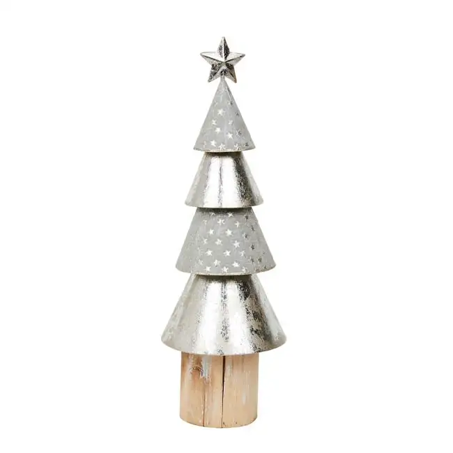 Árvore de natal em metal vintage, árvore de natal com base de madeira