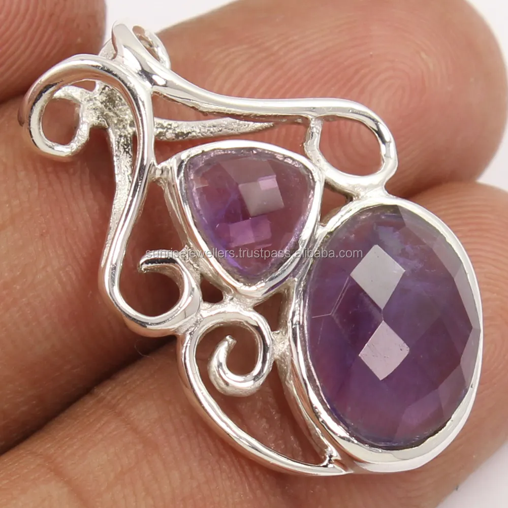 Charms Trillion And Oval Shaped Natural Purple AMETHYST Gems 925 Solid Sterling Silver Ethnic Design Jewellery Pendant