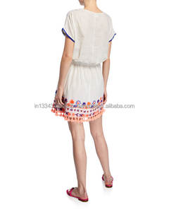 Aari เดรสสั้นปักลายสำหรับผู้หญิง, ชุดเดรสคอตตอนคอวีด้านหน้าแขนสบาย - Product Image 5