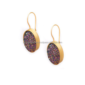 Multi Color Druzy Vermeil Oro 925 Plata de ley Piedra preciosa Pendientes hechos a mano - Product Image 1