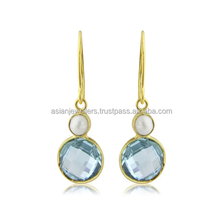 Gold Vermeil 925 Sterling Silver Blue Quartz & Ngọc Trai Đá Quý Bông Tai