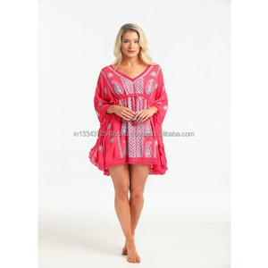 ชุดเดรสแขนสั้นสไตล์โบฮีเมียนชุดเดรสคาฟตันสไตล์โบฮีเมียนแบบดั้งเดิมปักด้วยลูกไม้ปักลายปักปักคอเอ็มไพร์ไลน์ขอบผ้าเรยอน - Product Image 1