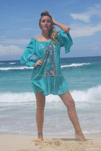 ชุดเดรสสั้นแขนกระดิ่งปักลายดอกไม้สไตล์โบฮีเมียนสำหรับผู้หญิงใส่ไปชายหาดตอนเย็นมีระบายแนววินเทจ - Product Image 3