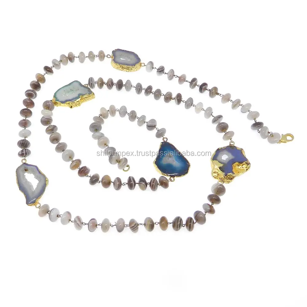 Ожерелье-цепочка из драгоценного камня с драгоценным камнем, покрытием из драгоценного камня Агата и голубого окна, 18 карат