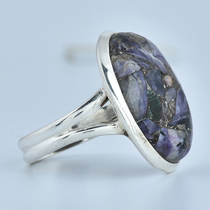 Corte ovalado Charoite Gemstone 925 Anillo de bisel de plata esterlina Elegante boda Aniversario Fiesta Moda Bisel de moda Anillo de ajuste - Product Image 3