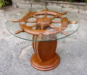 SHIP WHEEL TABLE WITH GLASS TOP WOODEN MODEL BOAT_ WOODEN HANDICRAFT MODEL