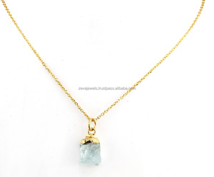 Colgante de Piedra Natural de Agua Marina en Bruto Chapado en Oro con Cadena, Collar de Joyería Hecha a Mano - Product Image 4