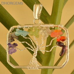 Natural Handmade Gemstone Life Tree Semi Precious Stone Rectangle Metal Pendant Tree of Life Pendant Gemstone - Product Image 2