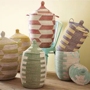 Seagrass straw basket handmade in Vietnam cheap wholesale wicker round woven laundry hamper clothing storage baskets decoration