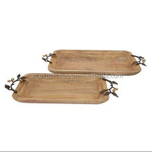 Plateau de service en bois avec poignées en forme de feuille Décoration de vaisselle en gros de luxe Plateau de service fantaisie Plateau de table basse à vendre - Product Image 1