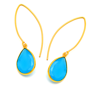 Pendientes colgantes de moda para mujer de Plata de Ley 925 chapados en oro corte pera turquesa piedra preciosa boda aro colgante oreja alambre - Product Image 1