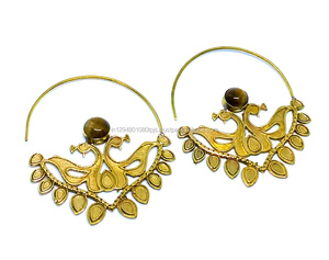 Pendiente de aro de latón en espiral de ojo de tigre estilo bohemio para fiestas bodas compromisos o regalos - Product Image 1