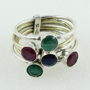 Beautiful Combination Triple Stone 925 <b>Sterling</b> <b>Silver</b> <b>Stack</b> <b>Ring</b> Handmade Light Weight Ruby Gemstone <b>Ring</b> - Product Image 1