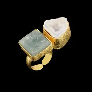 Beste Kwaliteit Natuurlijke Grondstoffen Prehniet En Druzy Leverancier Vergulde Bezel Set Ring