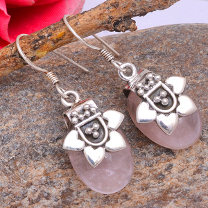 Pendientes colgantes de diseñador de Plata de Ley 925 con piedras preciosas de corte ovalado de cuarzo rosa, joyería romántica plateada, pendiente de moda. - Product Image 3
