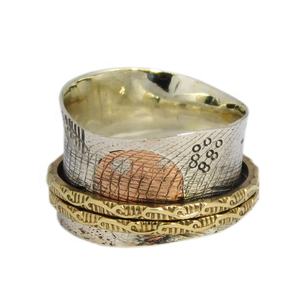 แหวนสมาธิสามโทนวงแหวนหมุนได้แหวนเงินอินเดียเครื่องประดับเงินแหวนเวอร์เมลนิรันดร์ผู้จัดจำหน่ายและส่งออก - Product Image 2