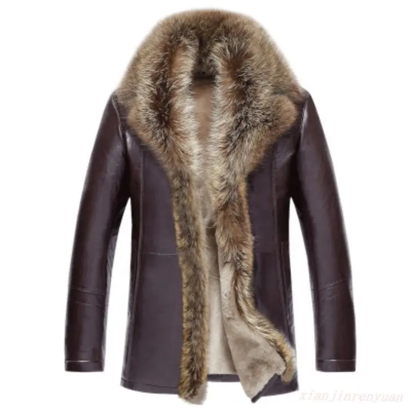 Proelite Men's fur collar parka genuine leather Winter jacket coat