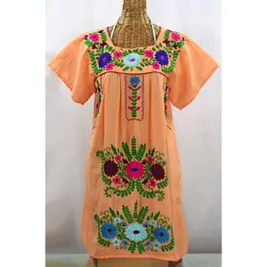 Vestido Mini bordado con manga dividida, Túnica campestre, vestido mexicano