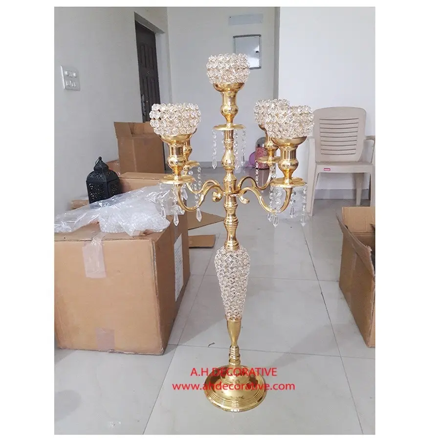 गोल्ड Candelabra 5 हथियार के साथ क्रिस्टल स्टेम और क्रिस्टल ग्लोब मेज centerpiece शादी सजावटी धातु Candelabra