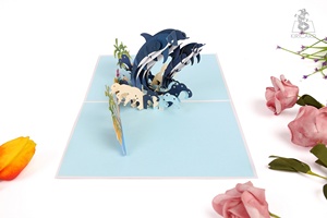Tarjeta de feliz cumpleaños 3D pareja delfines tarjeta emergente artesanía precio al por mayor Vietnam producto de alta calidad tarjetas de felicitación - Product Image 4