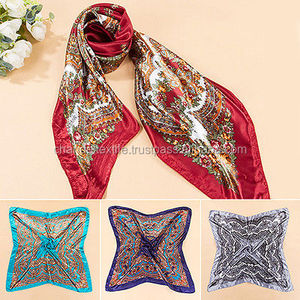 Women's Winter Set Soft Silk Square <b>Scarf</b> 90 cm Flower Painted <b>Satin</b> Head Neck Shawl Imitated Knit Material - Product Image 3