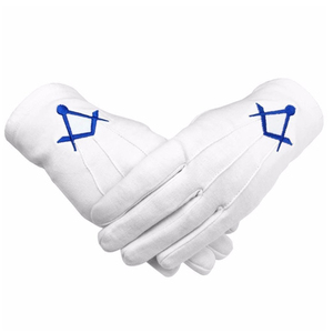 White Masonic Gloves with Embroidered Gold and Blue Square <b>Compass</b>/ Regalia Mason Gloves - Product Image 4