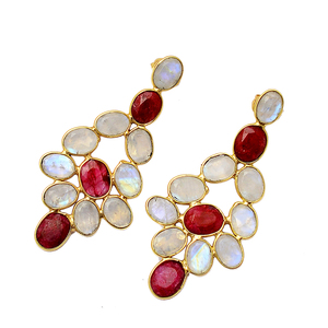 รูปไข่รุ้งมูนสโตนทับทิมพลอยแฟชั่นสตั๊ดต่างหู925เงินสเตอร์ลิงเครื่องประดับชุบทอง - Product Image 1