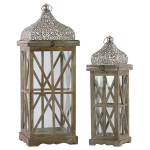 Meilleure vente lanterne rectangulaire en bois avec dessus en métal argenté percé et anneau de suspension ensemble de deux bois naturel - Product Image 2