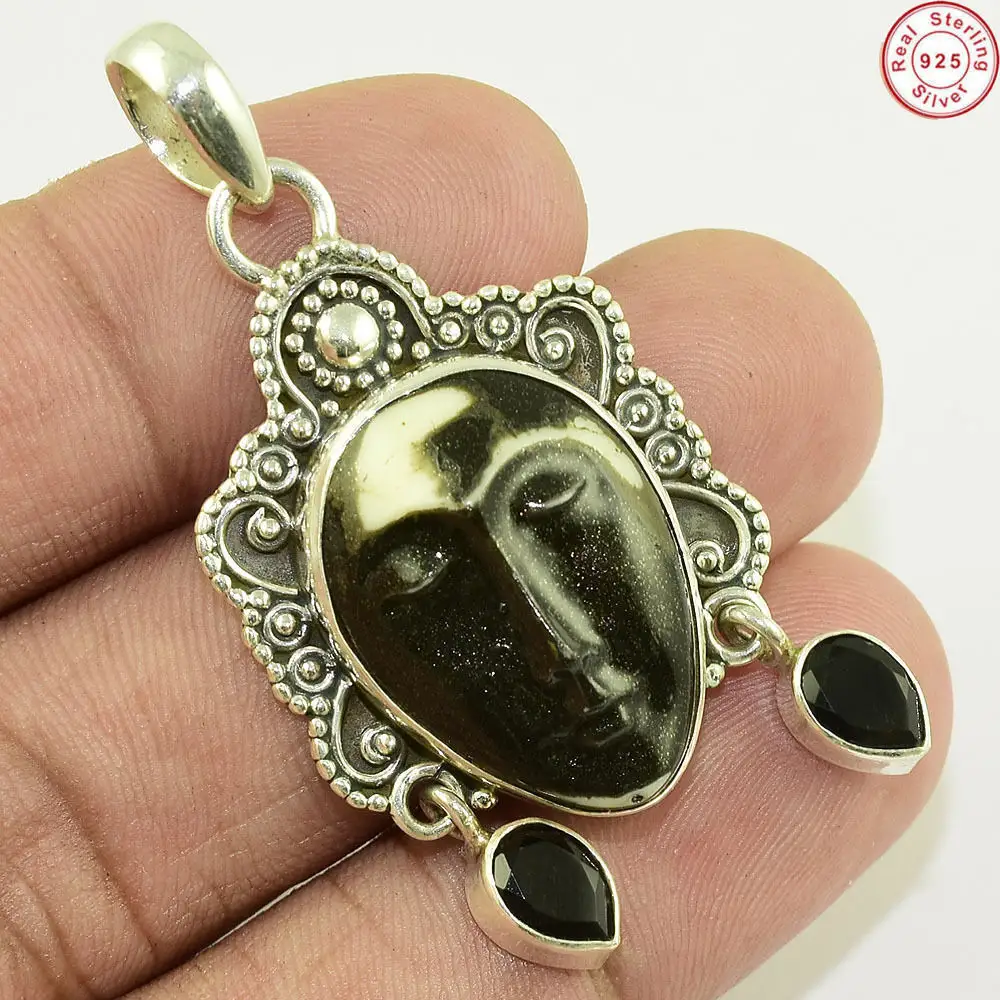 Carved black bone face gemstone jewelry pendant sterling indian silver jewelry wholesaler 925 silver jewelry