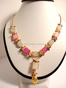 Hermoso collar largo hecho a mano de buena calidad, ágata de azúcar Rosa Blanca, aniversario de boda, regalos de fiesta de compromiso, latón - Product Image 1