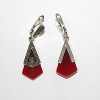 Conjunto de Joyería de Plata de Ley 925 con Ónix Rojo para Mujer |   Conjunto de Anillo y Pendientes con Incrustaciones de Marcasita |   Joyería Fina Geométrica Vintage