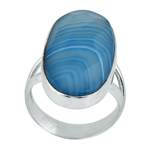 Hermoso Anillo de Plata de Ley 925 con Gema de Ágata Facetada y Biseñurada, Corte Ovalado, Engaste en Bisel, Plateado, Clásico, Unisex - Product Image 1