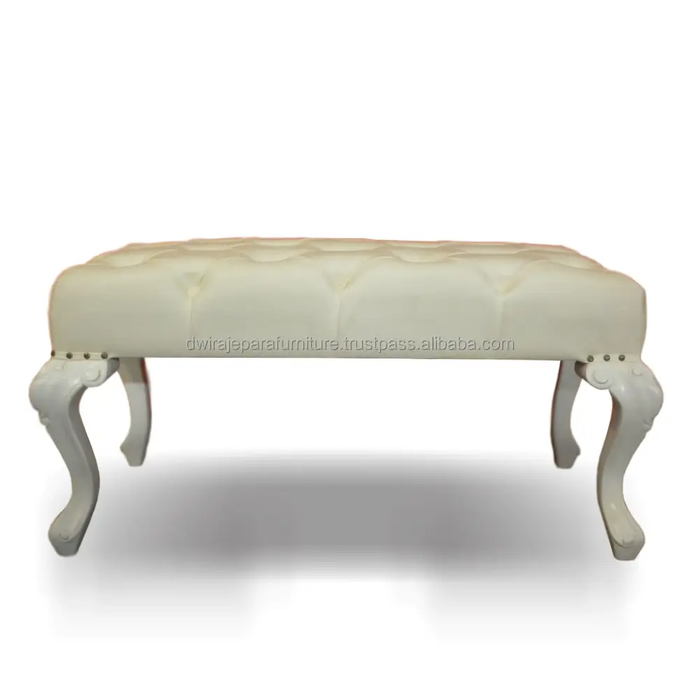 French Furniture Stool with Tufted Seat - White Ottoman with Ivory Upholstery Furniture Indonesia