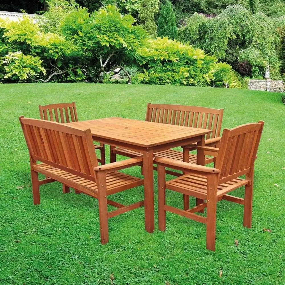 チーク材の椅子とベンチ付きの木製ダイニングテーブル