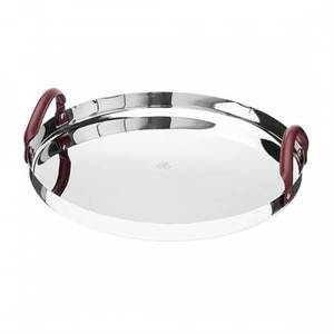 Bandeja pulida con espejo de acero inoxidable de Calidad exclusiva con asas de cuero para vajilla Servidor de mesa Bandeja de comida en la India - Product Image 1