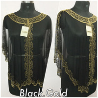 Poncho long élégant pour femme en tissu résille exclusif, orné de perles et de broderies de sequins, uni, décontracté, à manches courtes, respirant, grande taille