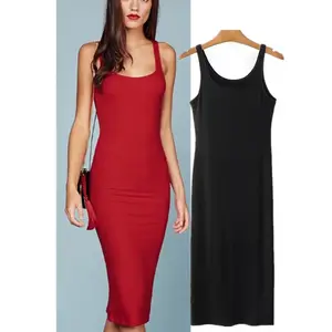 Vestido informal de verano de punto de algodón Con camisola para mujer, disponible en rojo y negro