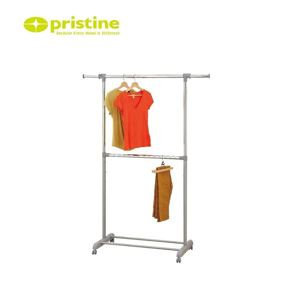 Low MOQ metal double pole foldable clothes drying rack with wheels
