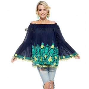 Extensive Hot Sell Cheapest Designer Bright Suzani Embroidered Off Shoulder Shirts Bell Sleeves Pom Pom Hem Women Blouse Top - Product Image 2