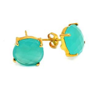 Aqua Calcedony Round Briolette Gemstone 925 Sterling Silver Prong Setting Stud Earrings Handmade Fine Jewelry For Women. - Product Image 2