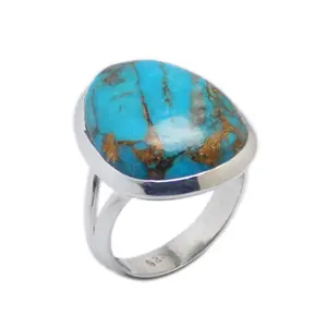 Blue Copper Turquoise Ring Solid Gemstone Fashion Jewelry 925 Silver Rings Sterling Silver Girls Jewelry Rings Exporter