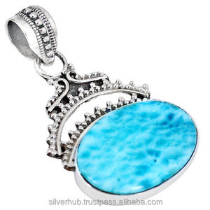 Beau pendentif en argent sterling 925 forme ovale pierre précieuse Larimar bleu naturel fait à la main déclaration pendentif bijoux fournisseur ODM - Product Image 1