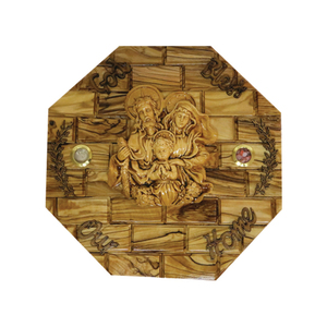 Placa octogonal para colgar en la pared de madera de olivo tallada con 'God Bless Our Home' y 'Holy Family'-para decoración del hogar o letreros de pared de Iglesia - Product Image 1