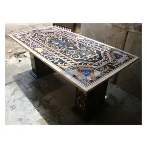 白色大理石镶嵌Pietra Dura作品大理石餐桌顶部抛光独特设计高品质印度制造